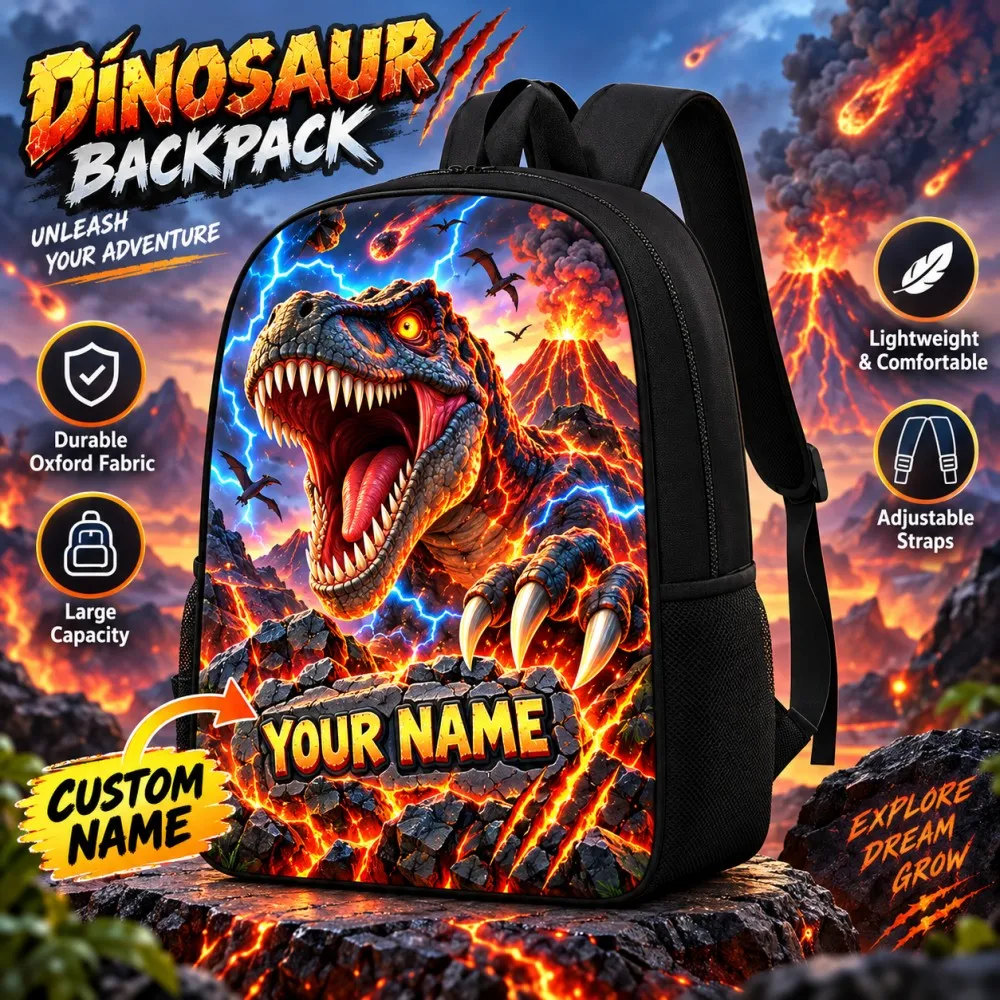 Personalized Dinosaur Backpack Custom Name School Bag 17x11.5x5.5 in 600D Oxford Adjustable Straps Travel Daypack Birthday Gift