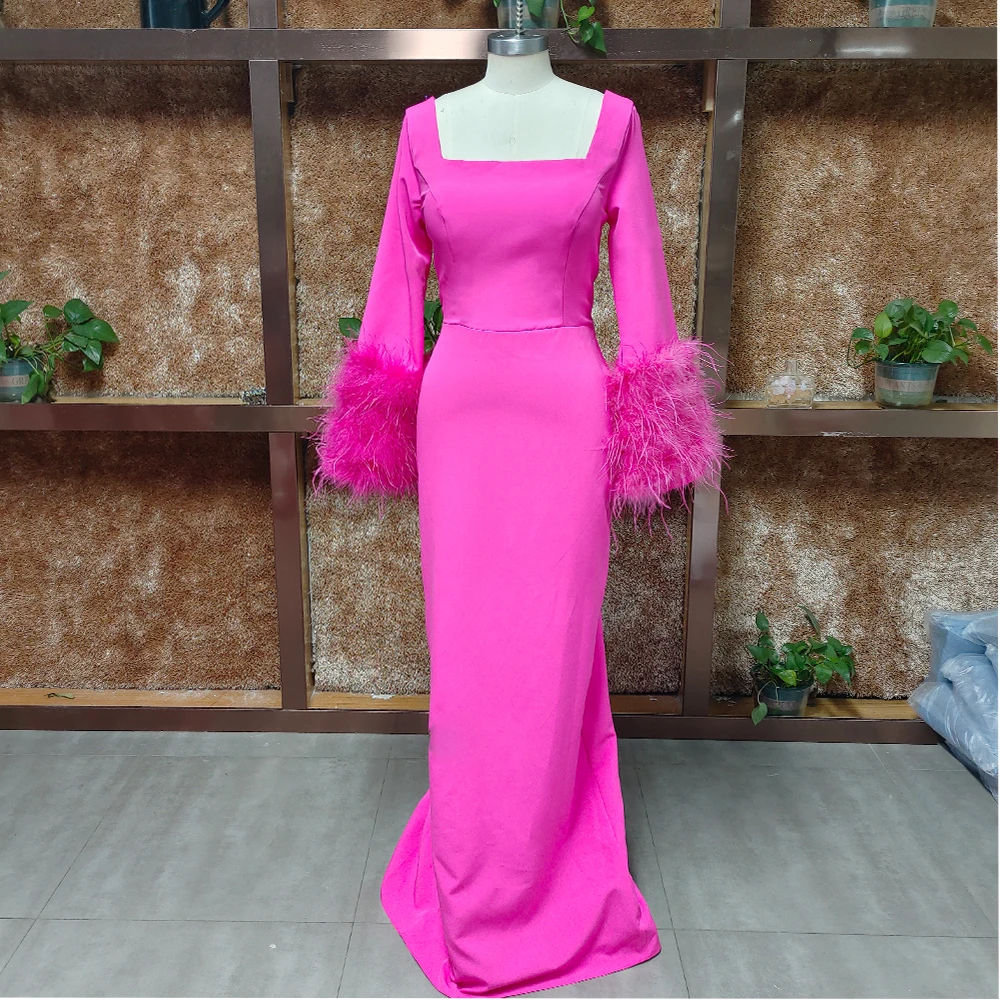 

Hot Pink Prom Dresses 2024 Long Sleeves with Feather be de bal Formal Evening Party For Women Sheath vestidos de noite Split