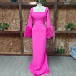 Hot Pink Prom Dresses 2024  Long Sleeves with Feather be de bal Formal Evening Party For Women Sheath vestidos de noite Split