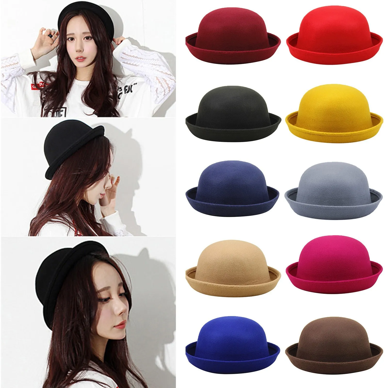 Trendy Women Girl Dome Top Cap Solid Color Cotton Polyester Fedora Hats Children Bowler Hat Casual Parent-child Fedoras Cap