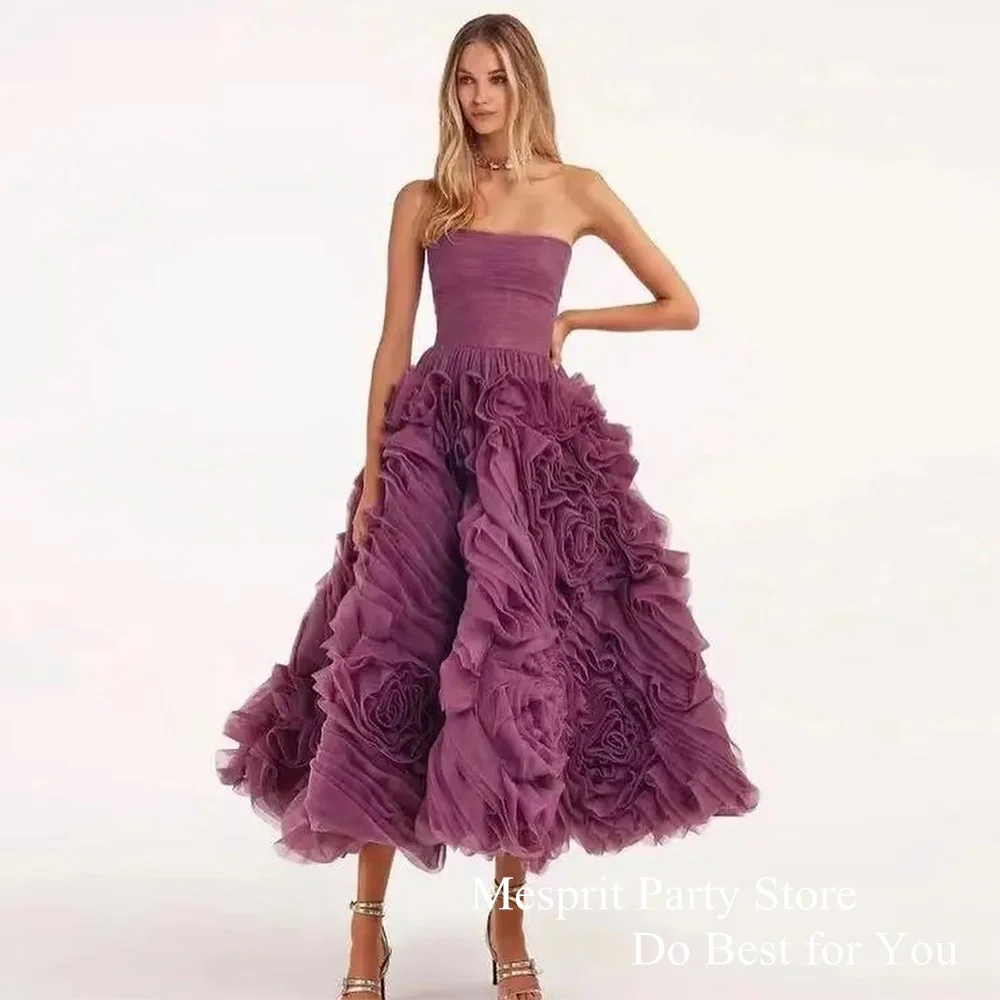 Mesprit Saudi Evening Dresses Customized Strapless Sleeveless Ruffles A Line Cocktail Party Gown Formal Dress فساتين سهرات