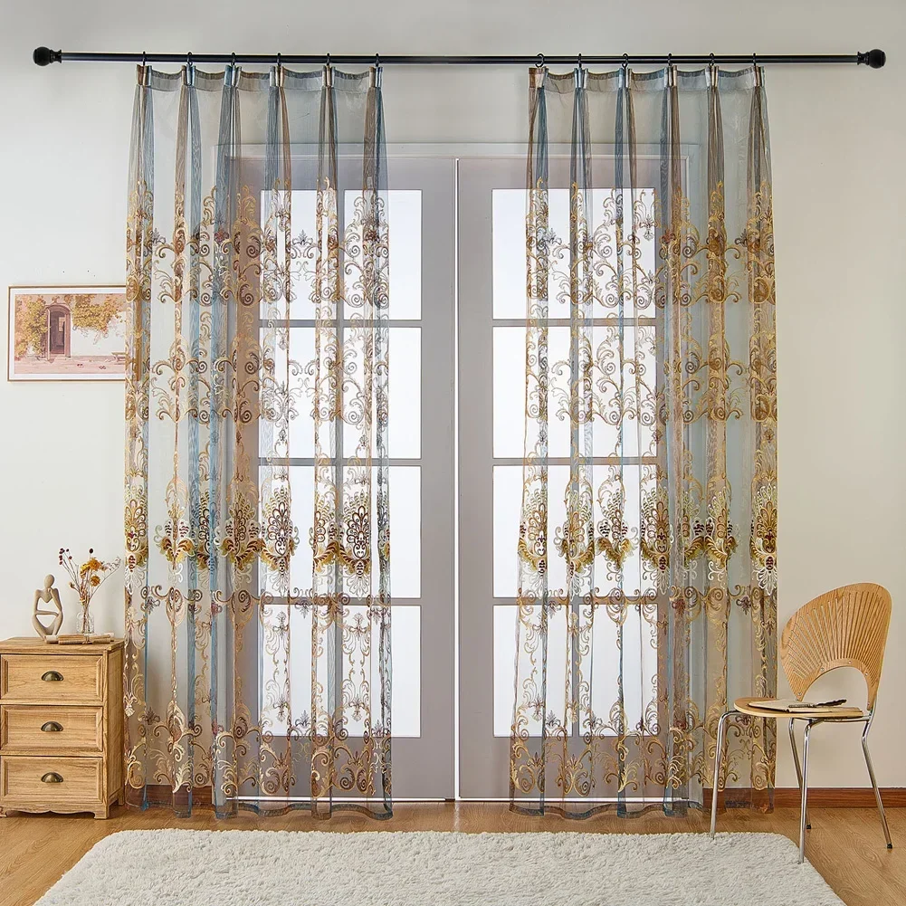 LEEJOOM European Style Luxury Curtain Floral Flower Embroidered Tulle Sheer Voile Transparent Window Drapes Home Decor 1PC