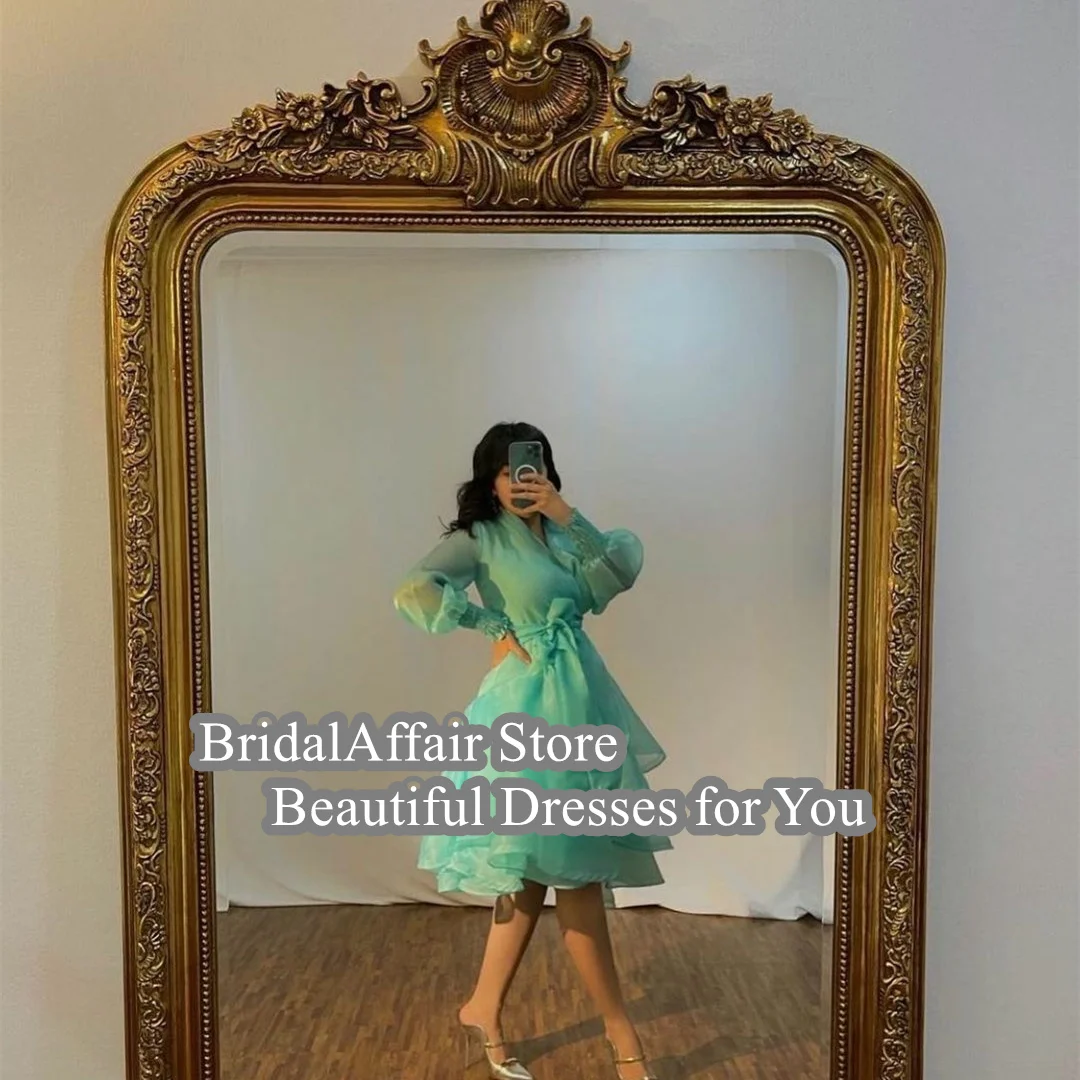 BridalAffair Short Mint Green Organza Pleated V-Neck Evening Dresses فساتين سهرة A-Line Long Sleeve Knee Length Prom Dresses