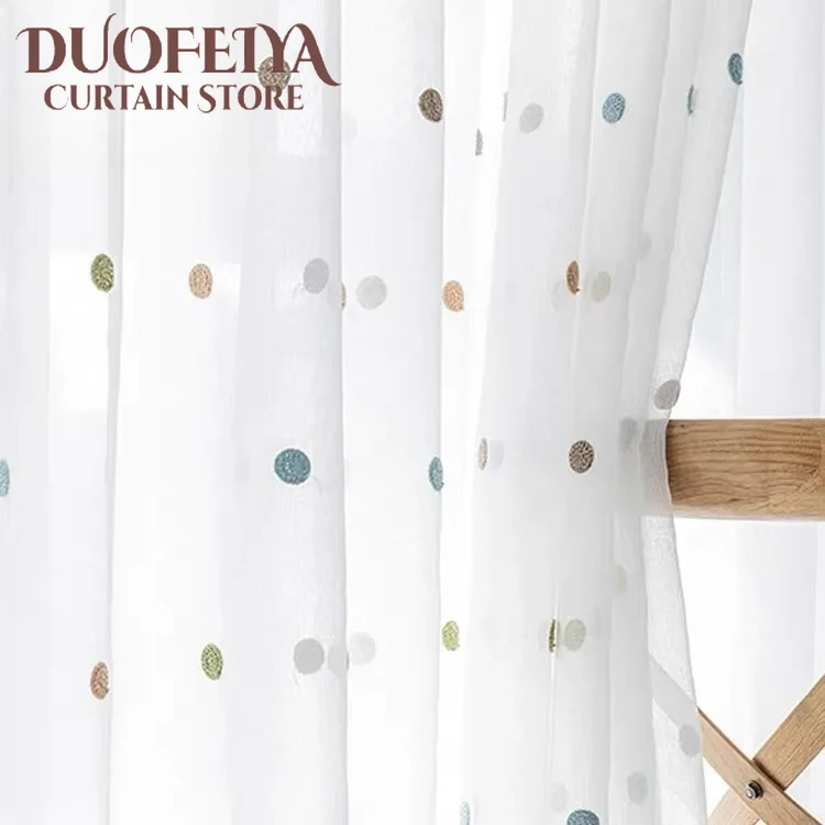 

American Country Style Polka Dot Embroidered Tulle Curtains for Living Dining Room Bedroom Custom Size Partition Decoration