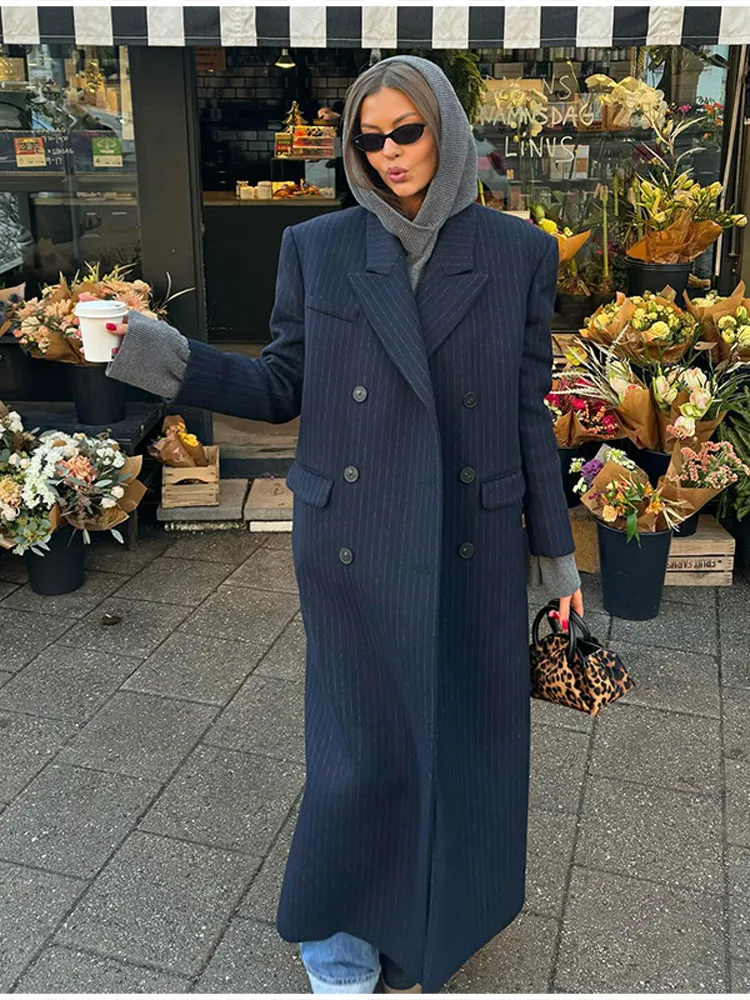 Vintage Gestreiften Revers Lange Blazer Jacken Frauen Chic Schulter Pad Taste Tasche Lose Mantel Herbst Pendeln Straße Tragen 2025 – Detail 13