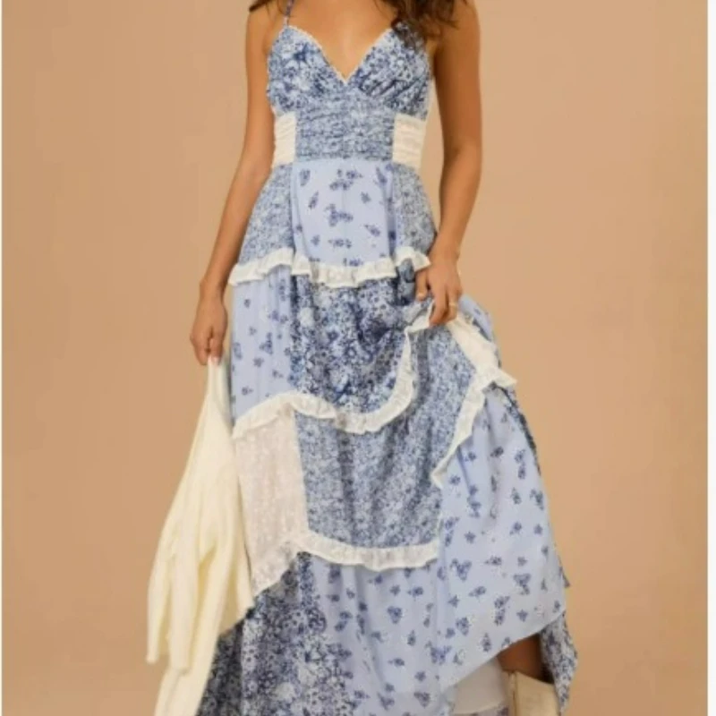 Nieuwe modieuze Europese Amerikaanse stijl damesachtige elegante mouwloze halterprint patchwork lange jurk voor dames 2026 zomer