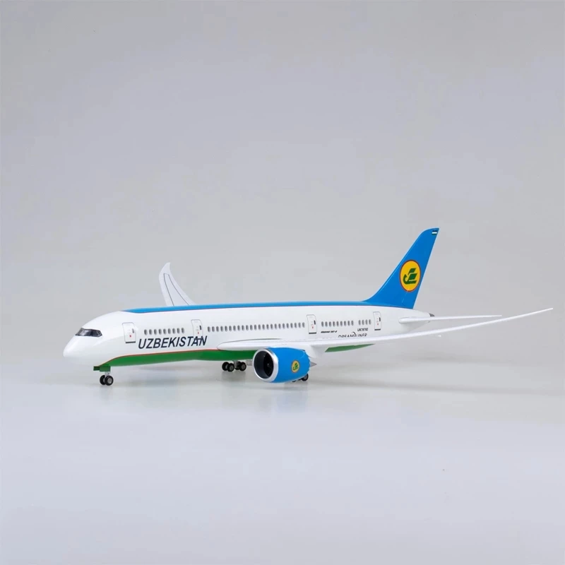 Escala 1:130 47 CM Modelo Diecast Resina UZBEKISTAN Avião de companhia aérea B787 Dreamliner Aviões de brinquedo com luz LED (toque ou controle de som