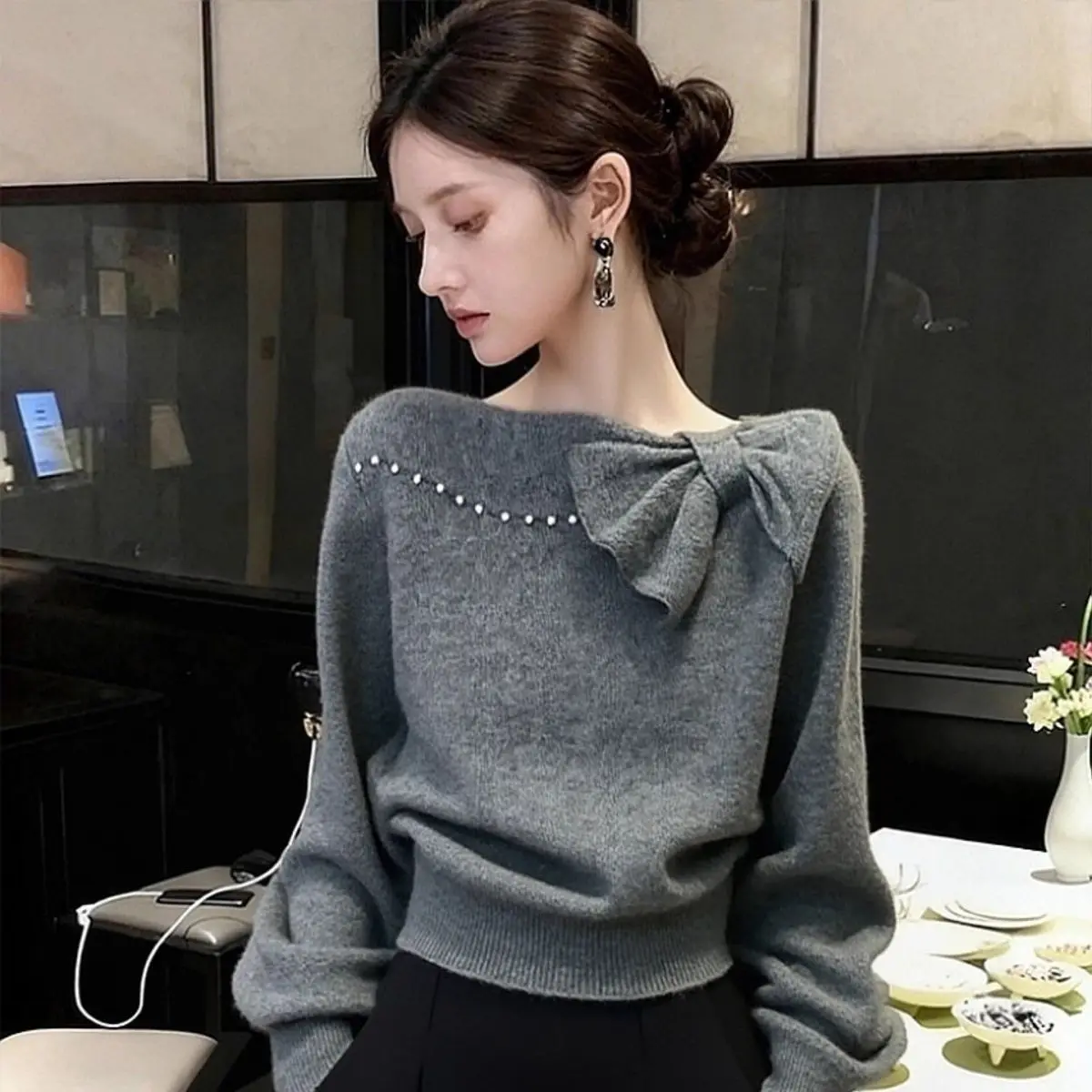 Gray Knit Pullover Sweater with Bow Neck and Pearl Embellishment Loose Fit Short Length Women Autumn Winter Office Elegant 5