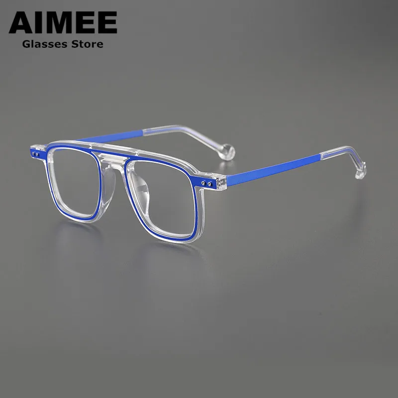 

Japanese Handmade Retro Square Acetate Glasses Frame Men Women Double-Beam Prescription Eyeglasses Optical Blue Light Spectacles