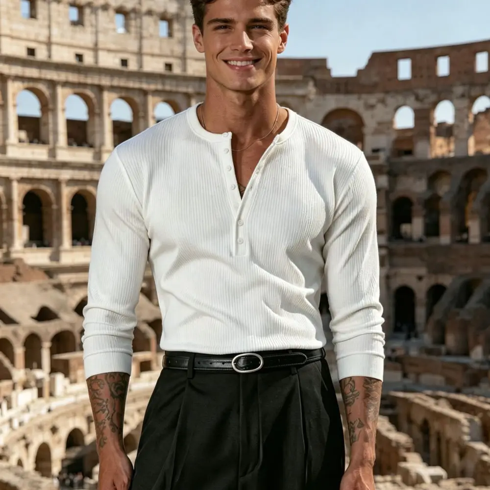 Mens Long Sleeve Henley Shirt Slim Fit Casual Tee Pullover Breathable Soft Polyester Tops Fitness Sports Workout Apparel