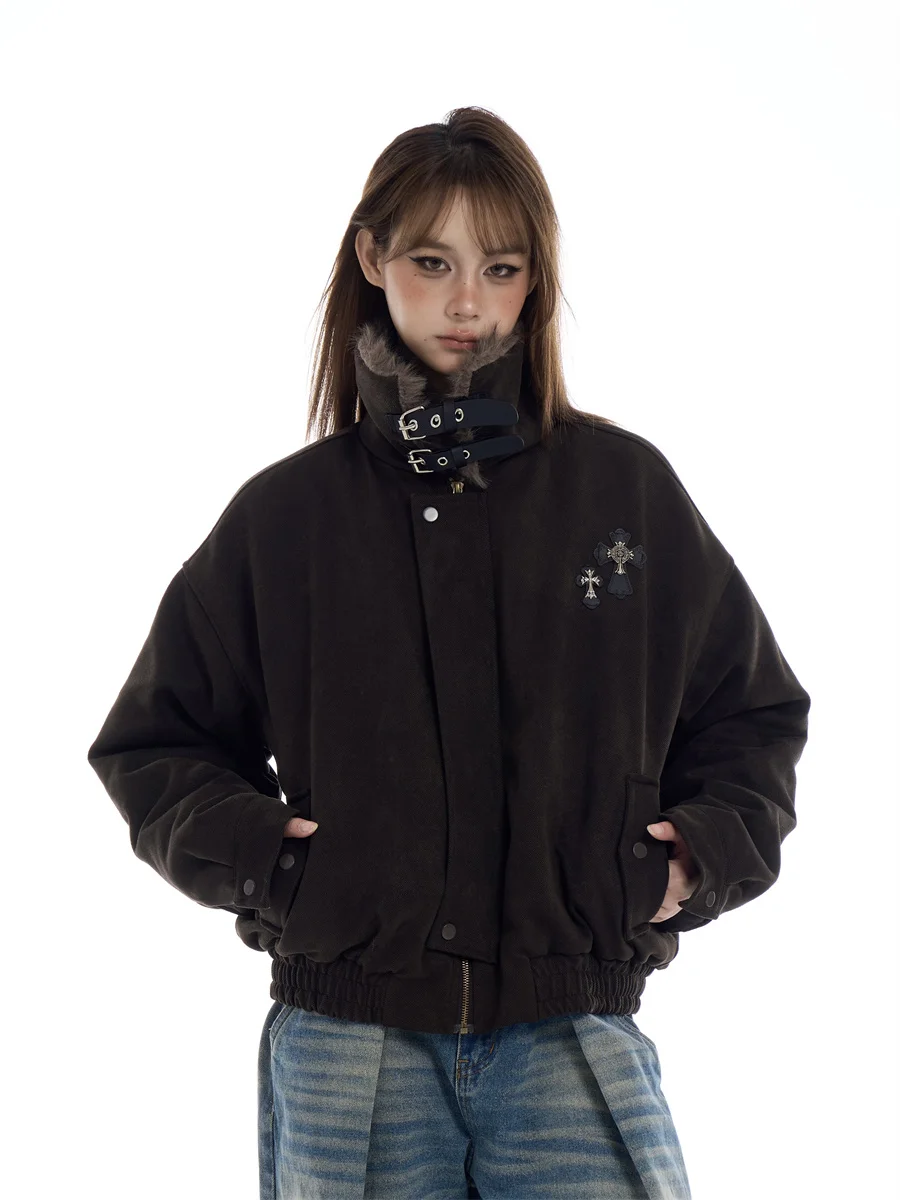 

Street Style Women's Thickened Fluffy Cotton Jacket Loose Fit Stand Collar Winter Warm Outerwear Zipper Closure Color