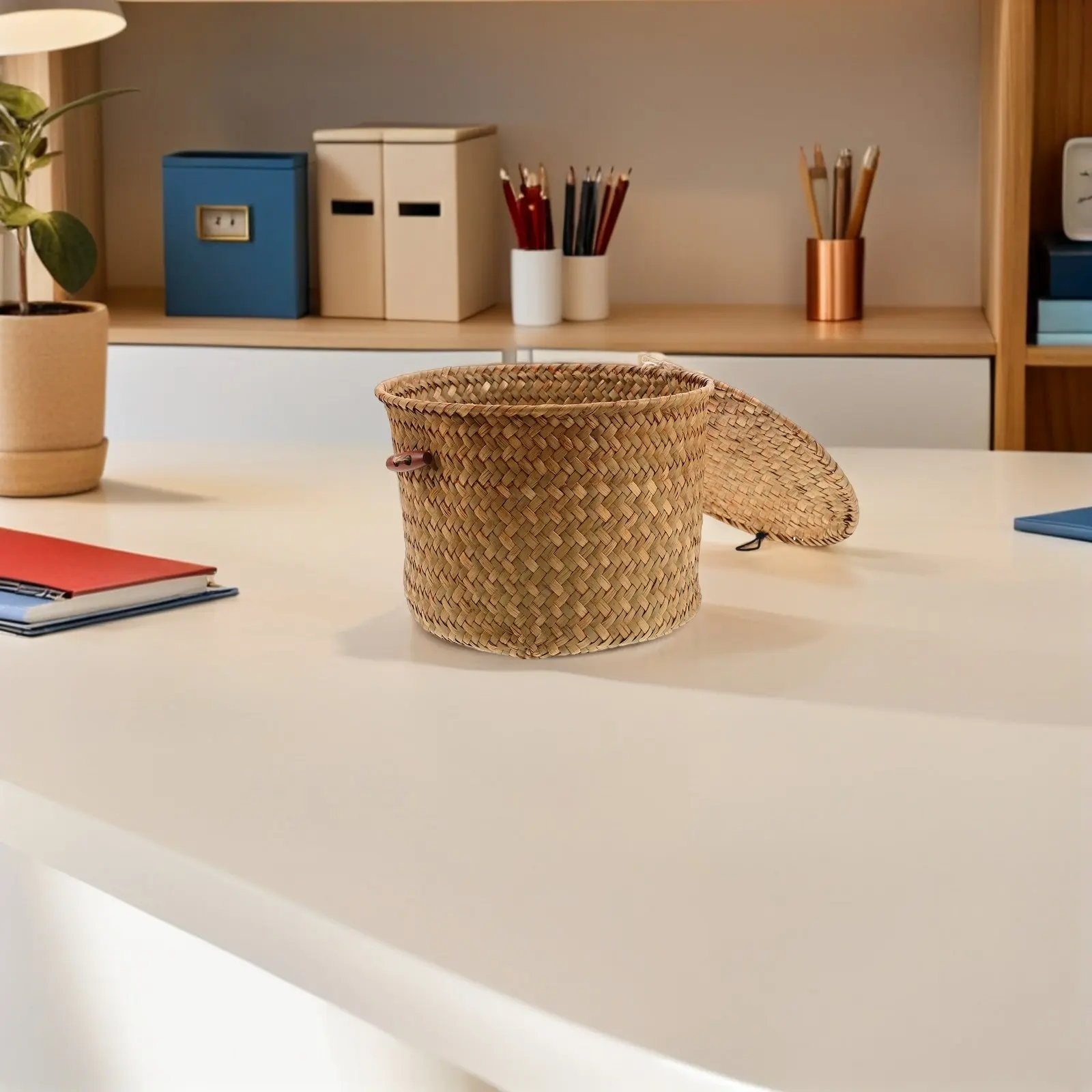2Pcs Mini Desktop Storage Bin with Lid Small Round Trash Can for Office Study Desk Tidy Workspace Mess Free Stable Placement