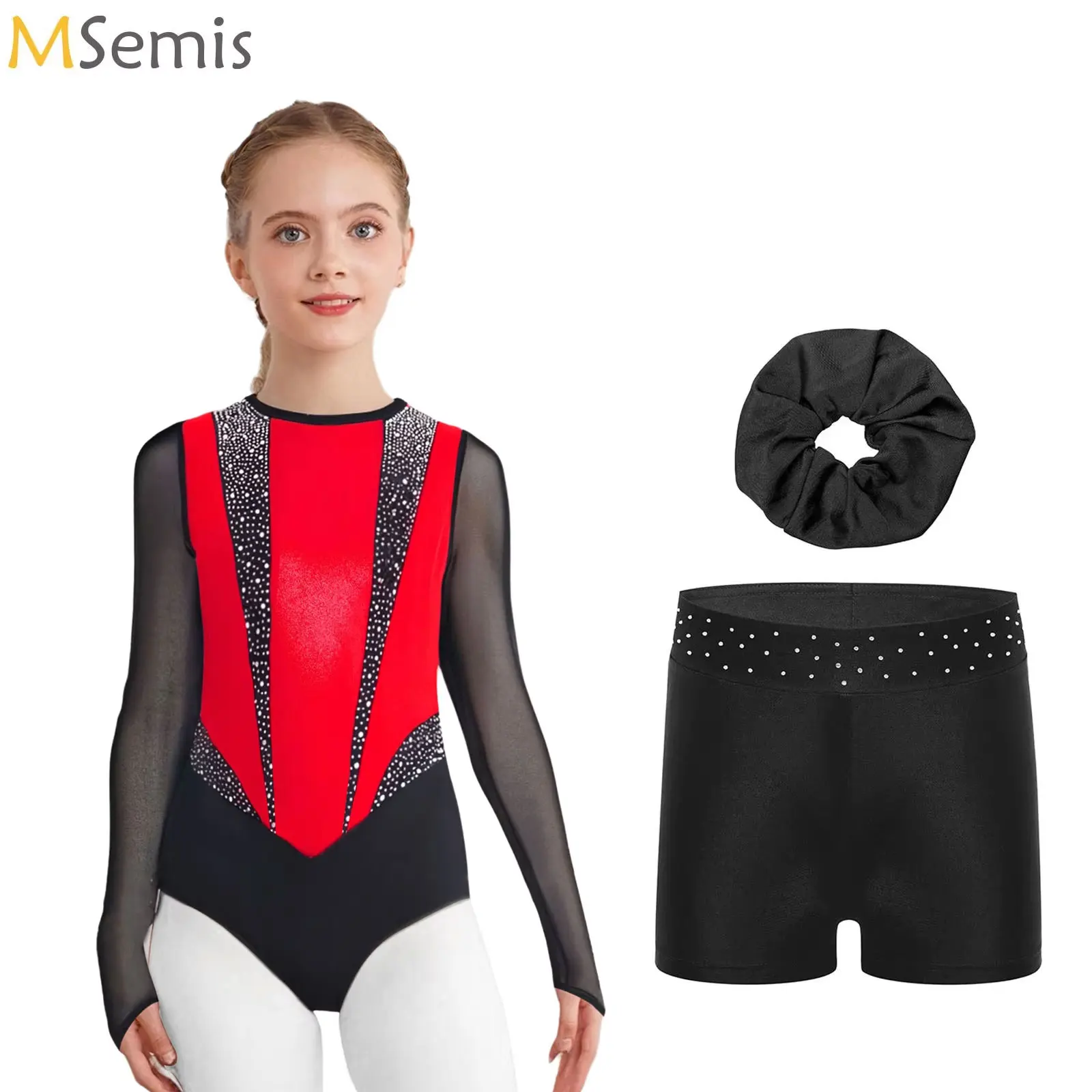 مجموعة الرقص للفتيات زي أداء التزلج على الجليد زي الجمباز الإيقاعي جيرسي الباليه كم طويل يوتار مع شورت وأغطية الرأس