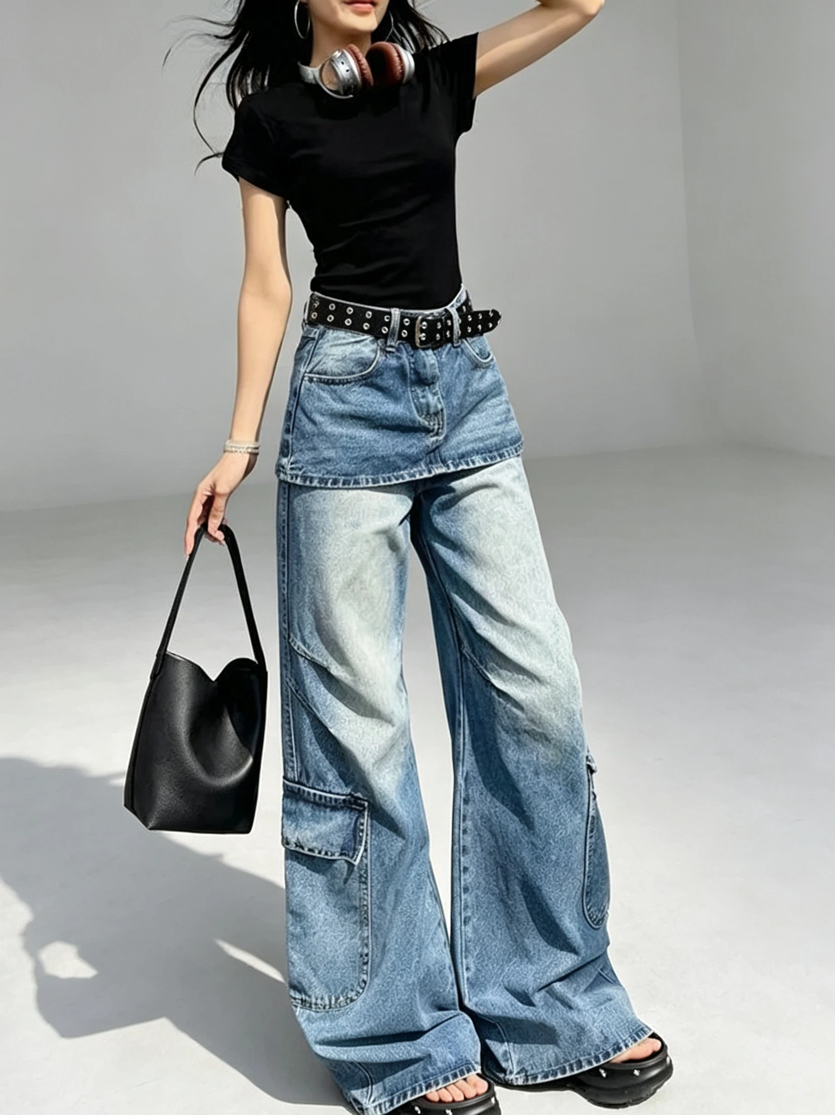 American Retro Design Sensation Fake Two-Piece Cheek Curtain Denim Pants Women's Fashion Slimming Micro Flared Trendy Jeans