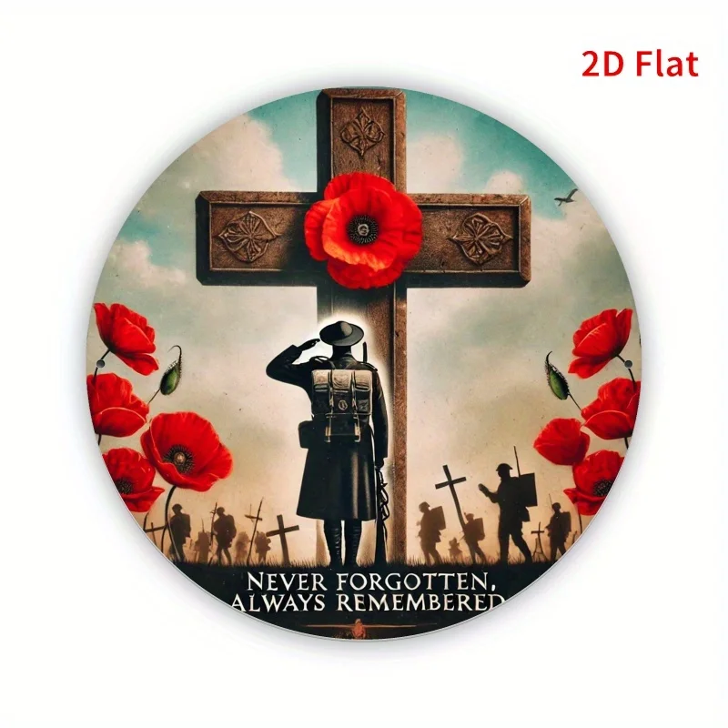 Vintage Round Metal Tin Sign, Soldier Saluting Cross Red Poppy Never Forgotten Wreath Decor Wall Plaque