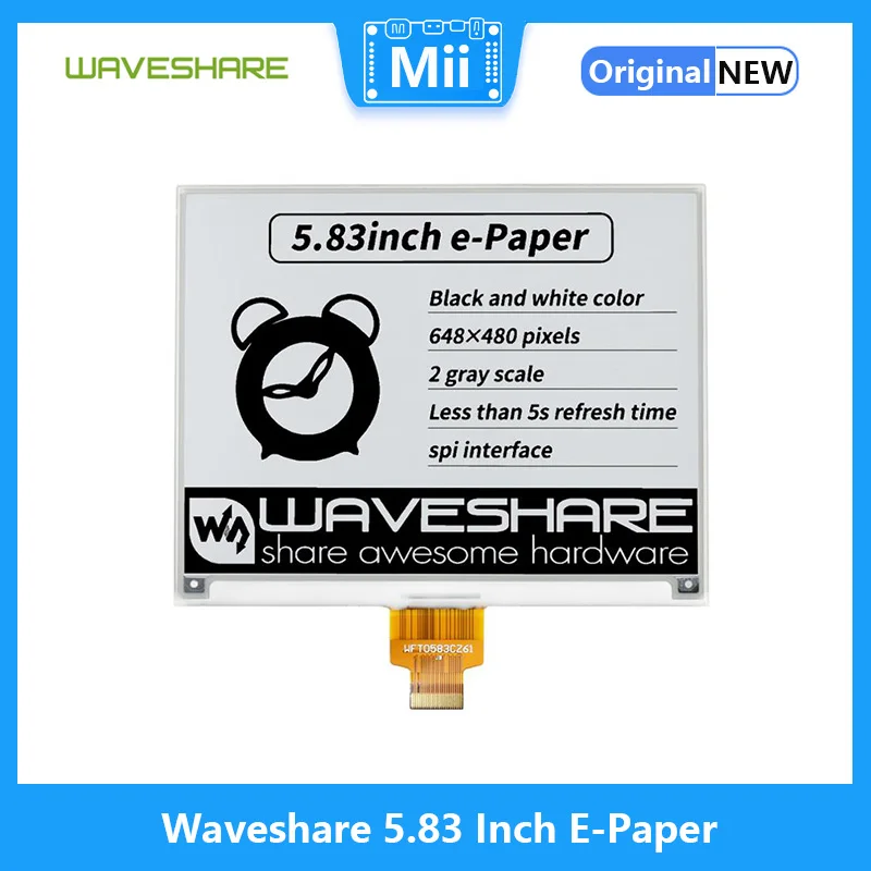 Waveshare 5.83 Inch E-Paper E-Ink Raw Display, 648×480 Pixels, Black / White, SPI Interface, Without PCB