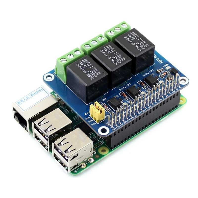 Waveshare 5V 3-Channel Relay Module Expansion Board Breakout Shield HAT Kit for RPI Raspberry Pi Zero 2 W WH 2W 3