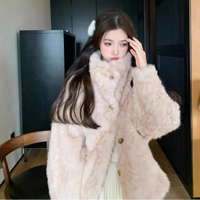 Women's 2026 Winter New Faux Fur Coat Lamb Wool Loose Casual Fluffy Thicken Warm Tops Elegant Stand Collar Single Breasted Coat