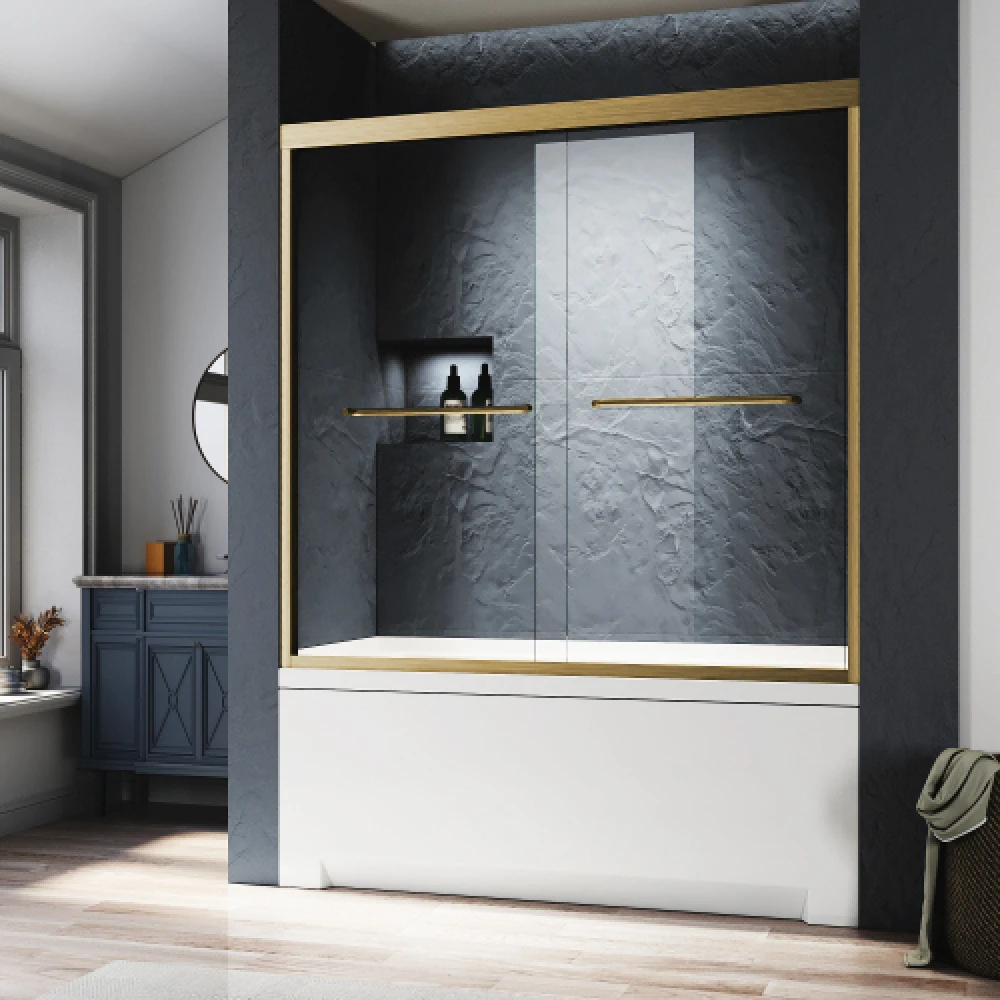 

56-60Wx57H Brushed Gold Semi-Frameless Double Tub Door,SGCC ANSI Clear Tempered Glass,Steel Handles