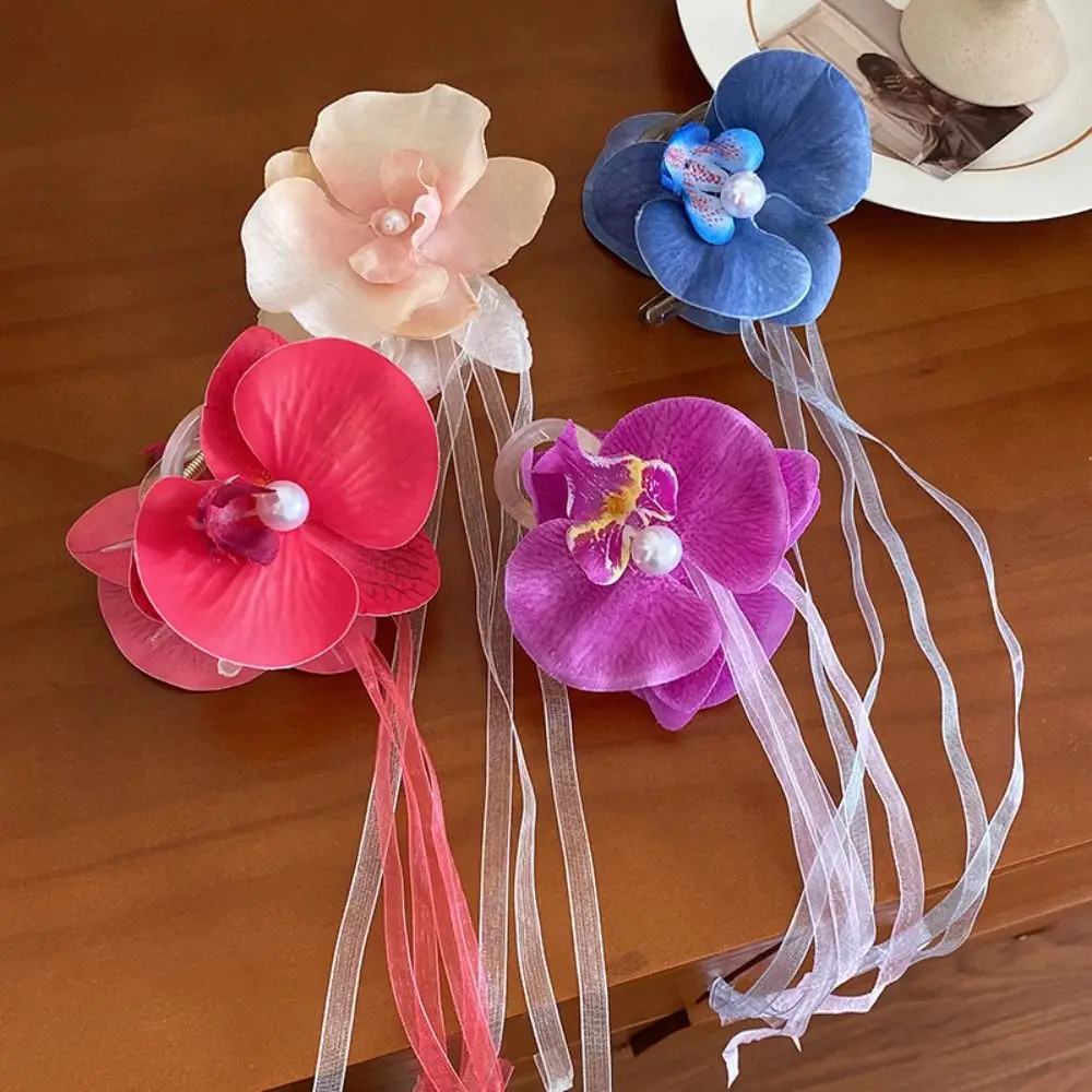 Simulation Flowers Flower Hair Claw Ribbon Cloth Butterfly Orchid Hair Clip Ponytail Clip Headdress Large Shark Clip Female