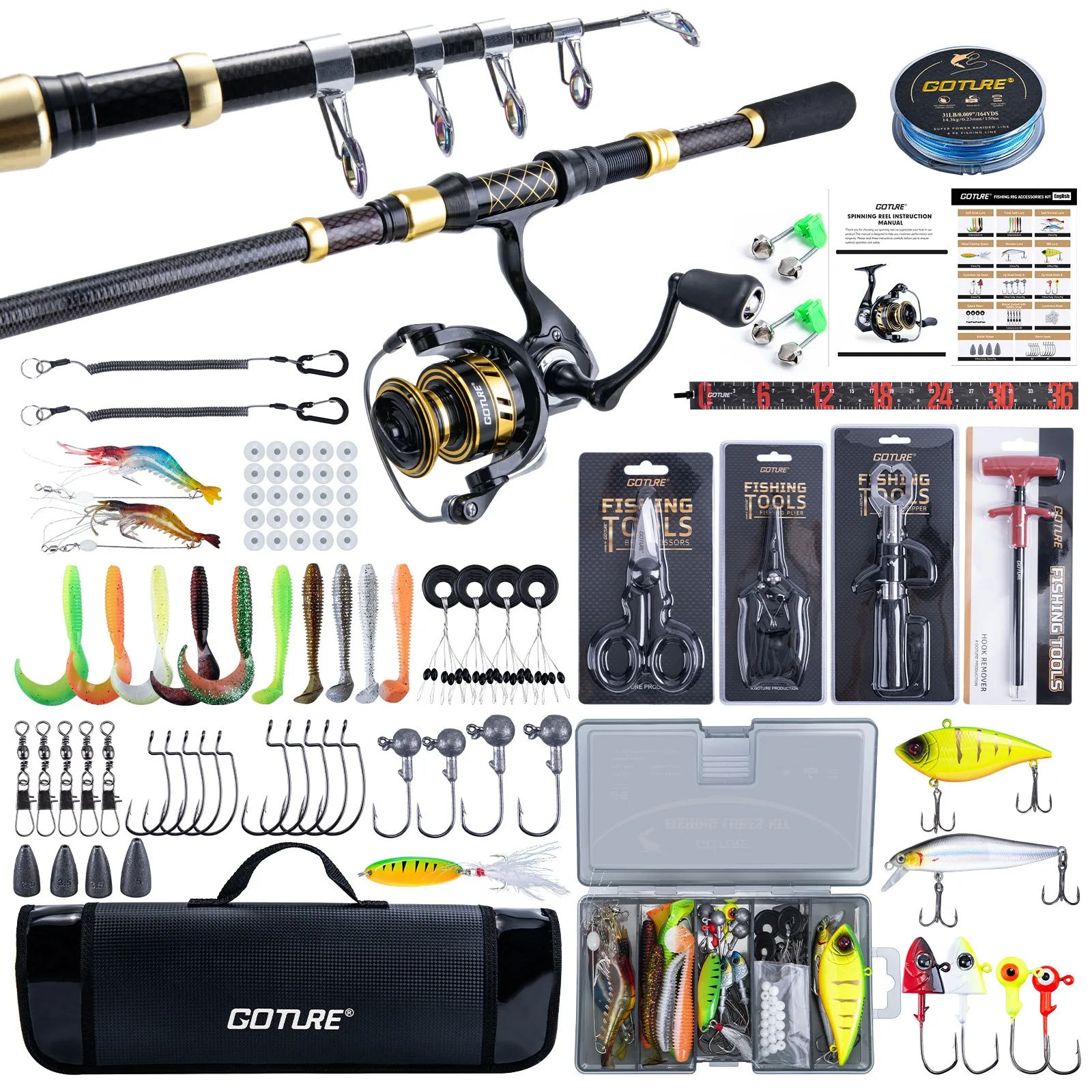 

Goture Telescopic Spinning Fishing Rod Reel Combo Full Kit Lures Hooks PE Line Pliers Gripper Portable Carry Bag,Fishing Gear