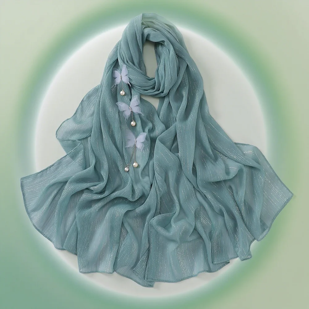 

New Shimmer Chiffon Hijab Butterfly Tassel Long Scarf Wrap Islamic Muslim Hijab Shawls Malaysia Headband Women Accessories