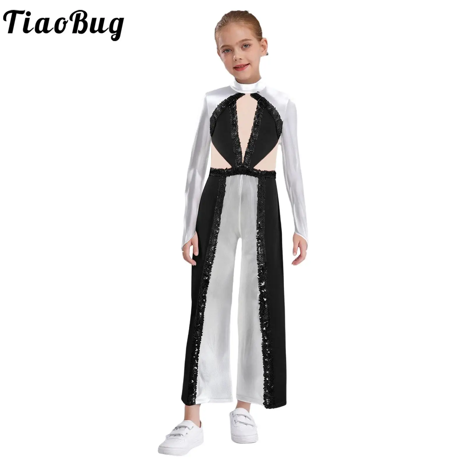 

Kids Girls Shiny Sequins Jazz Dance Jumpsuit Metallic Long Sleeve Mesh Figure Skating Ballet Gymnastics Leotard Modern Dancewear
