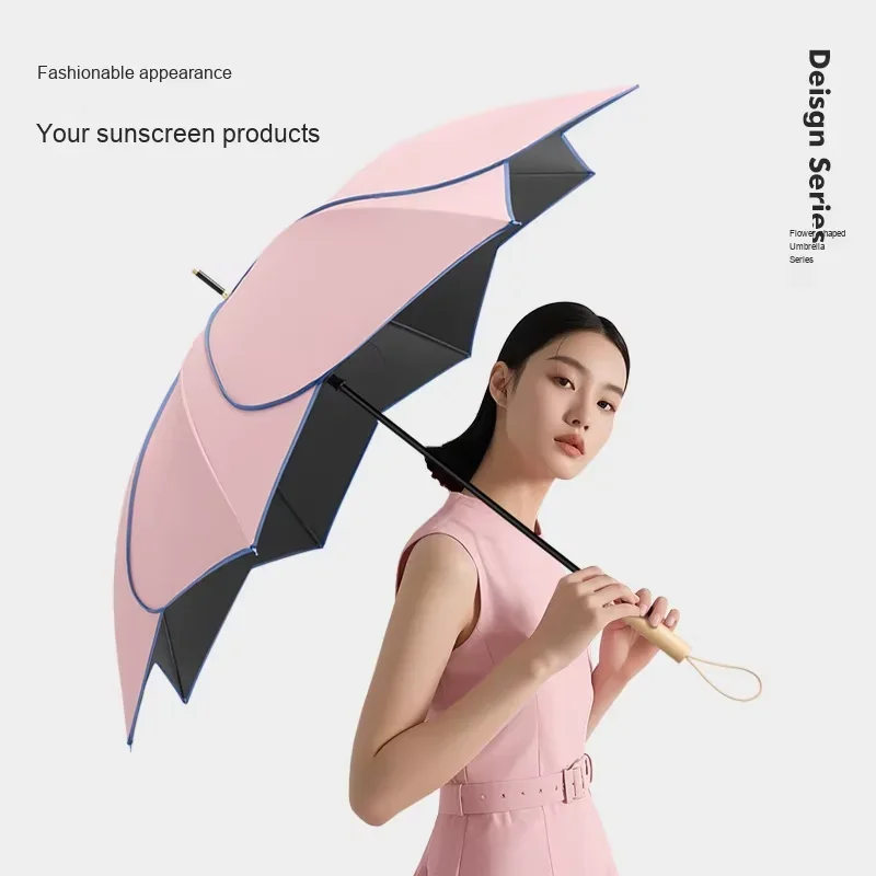 Strong 8K Sunny Umbrella Sunshade Wood Curved Handle Petal Straight Umbrella  Uv Windproof Portable Umbrella
