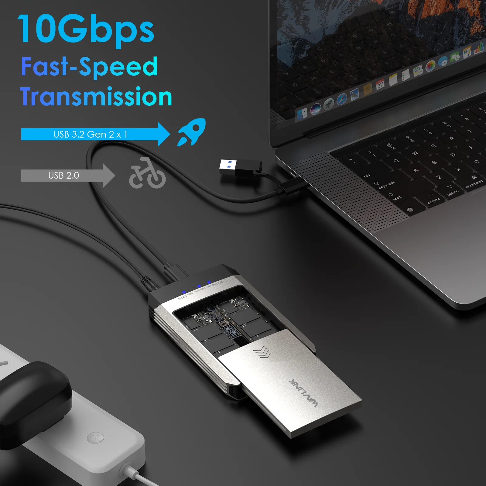 WAVLINK Caja de discos duros USB-C M.2 SSD Duplicador de doble bahía Compatible con NVMe Clon sin conexión con un clic USB3.2 Gen 2 4TBx2