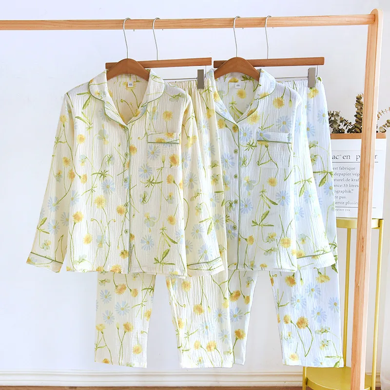 2024 New Spring and Autumn Women's Chamomile Print Pajama Set 100% Cotton Crepe Cloth Pyjamas Long Sleeve Two Pieces Sleepwear