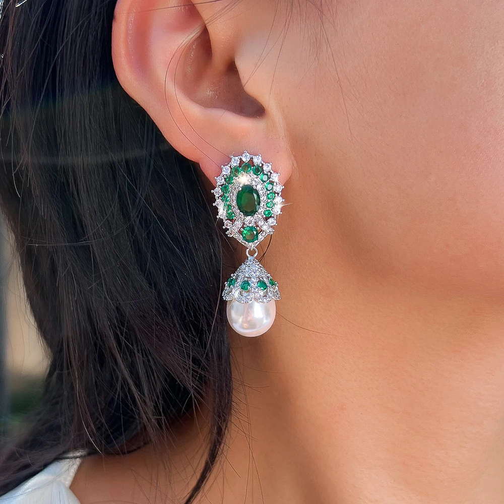 

ThreeGraces Luxury Shiny Green Cubic Zirconia Fashion Bridal Wedding Party Big Simulated Pearl Earrings for Women Jewelry E2035