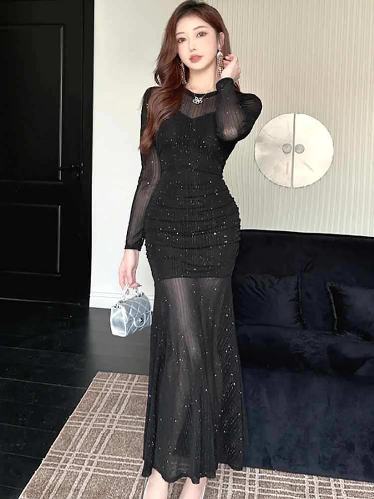 

2026 Black Patchwork Mesh Sequins Luxury Long Dress Women Elegant Bodycon Hip Wrap Dress Autumn Winter Luxury Festival Vestidos