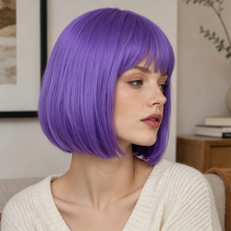 12-inch high-temperature synthetic wig, light purple, smooth, with straight bangs; suitable for both cosplay and everyday wear.