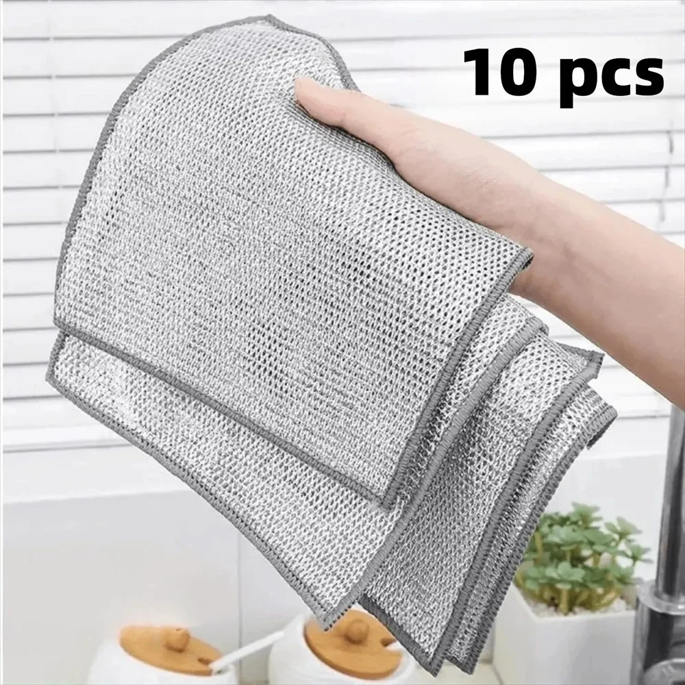 1/10PCS Steel Wire Cleaning Cloth Single-layer Double-layer Non -stick Oil Iron Dishrag Kitchen Pan Pot Dishes Cloths Rags