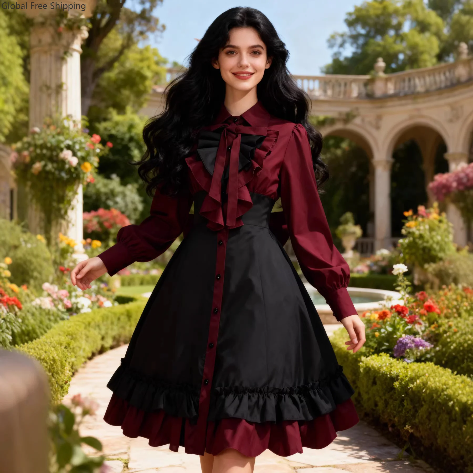 

Autumn Elegant Lolita Black Gothic Women Lolita Dresses Big Size Bow Collar Pleated Lace Up Goth Vintage Chic Jurken Dress 2026