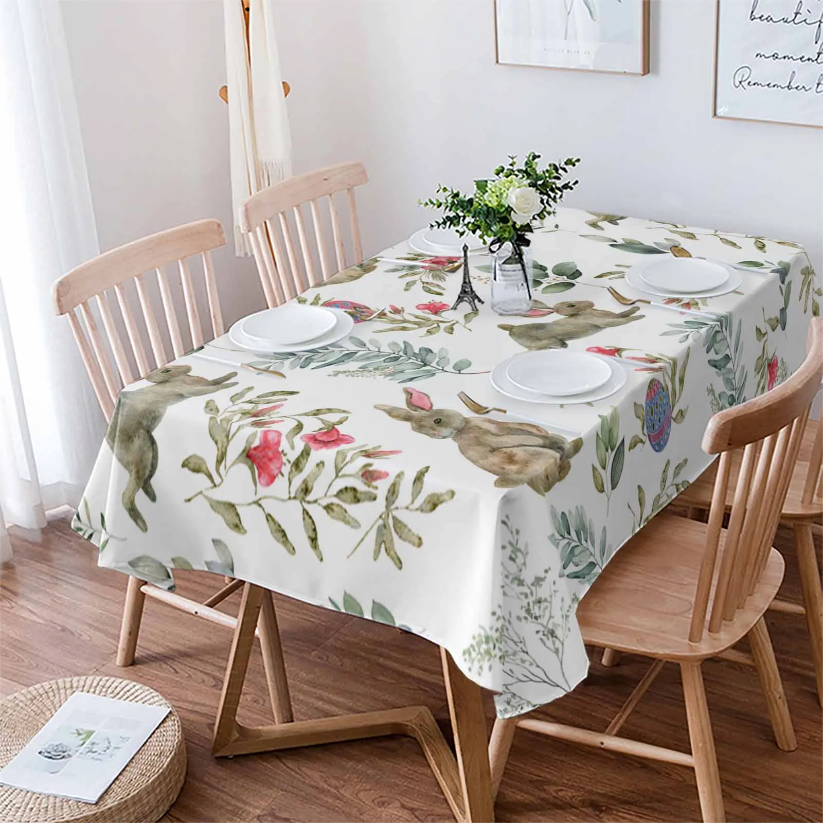 Watercolor Rabbit Flower Easter Table Cloth Waterproof Dining Tablecloth Kitchen Decorative Party Table Cover