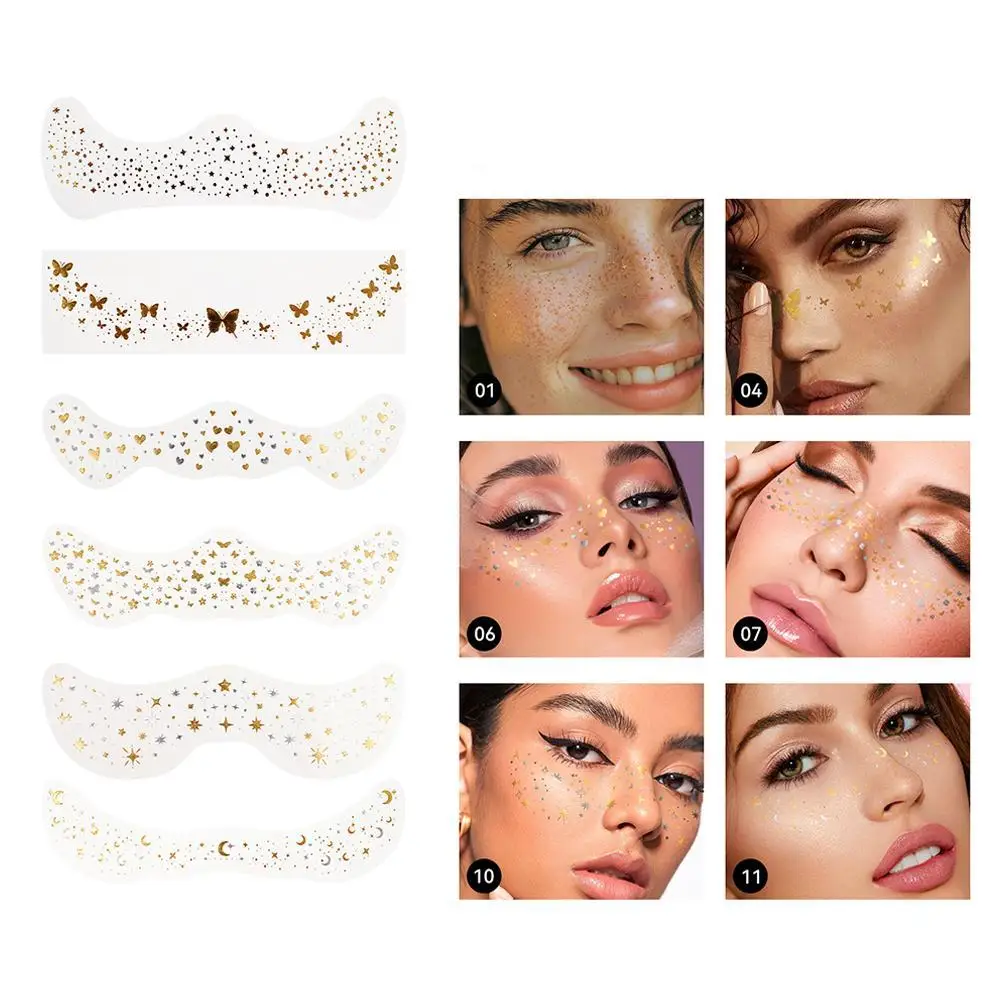 

6Pcs Glitter Freckles Face Tattoo Stickers Golden Silver Irregular Spot Moon Star Butterfly Fake Tattoo for Body Makeup