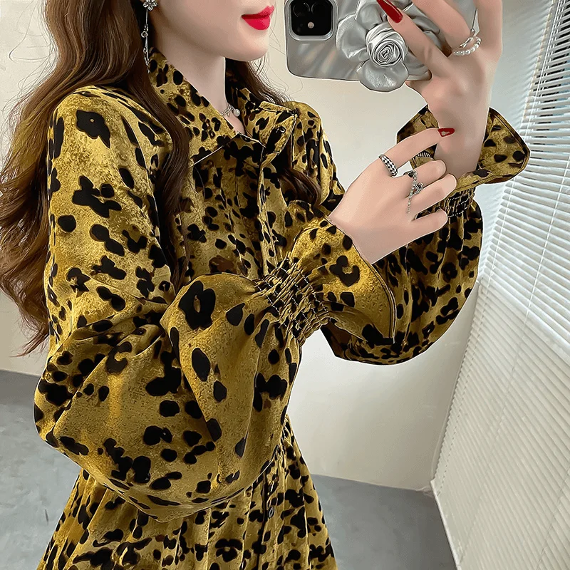 Senhoras moda coreana impressão turn-down colarinho espartilho camisas outono moda leopardo comprimento médio topo roupas femininas topo t