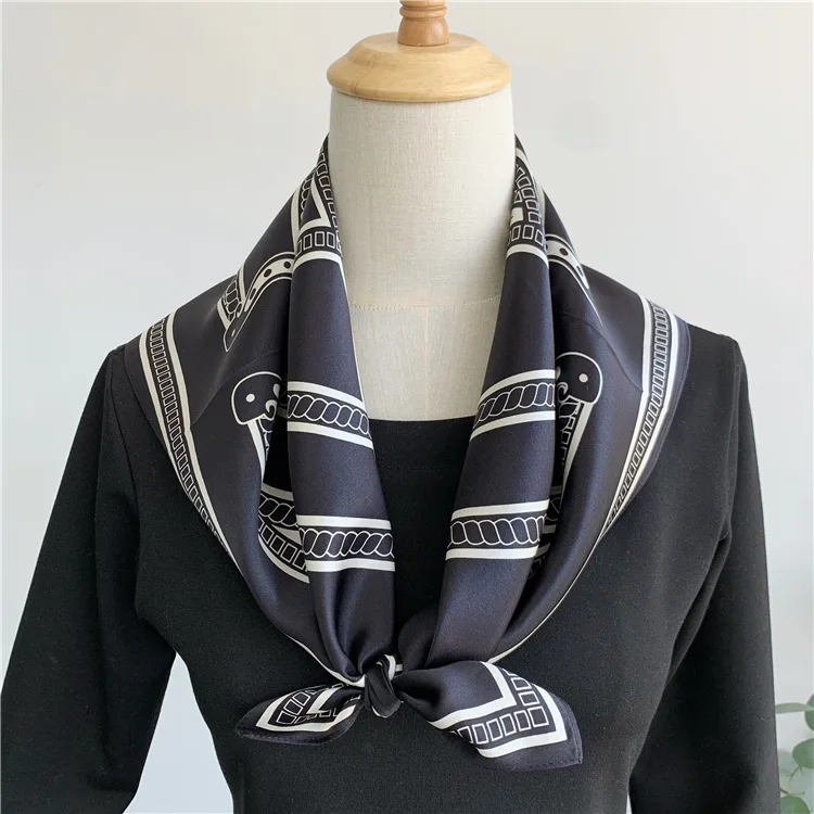 Black 100% Mulberry Silk Scarfs Women Square Accurate Hem Bandanas Top Scarves Accessories Square Head Neck Shawls