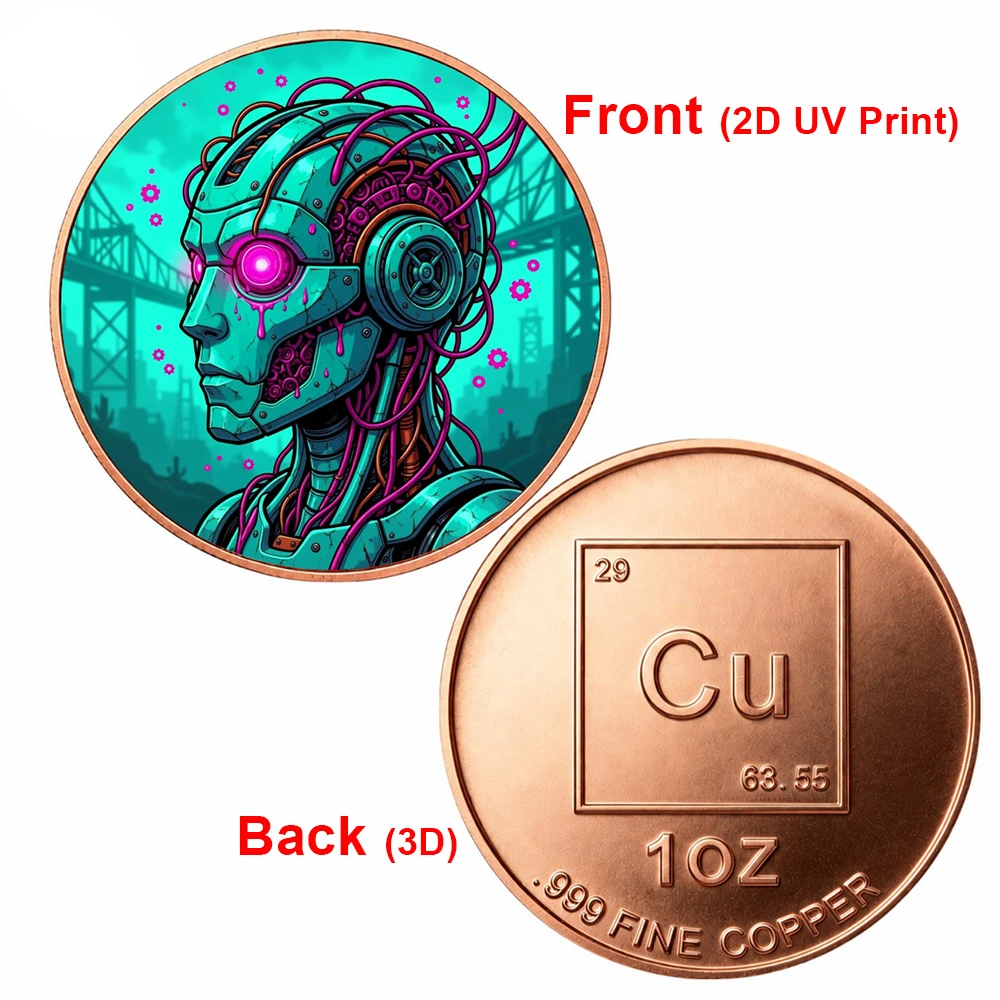 1pc 1oz .999 Fine Copper Cyberpunk Robot Head Challenge Coin Cyborg Industrial City Souvenir Token Gift for Futuristic Art Fans