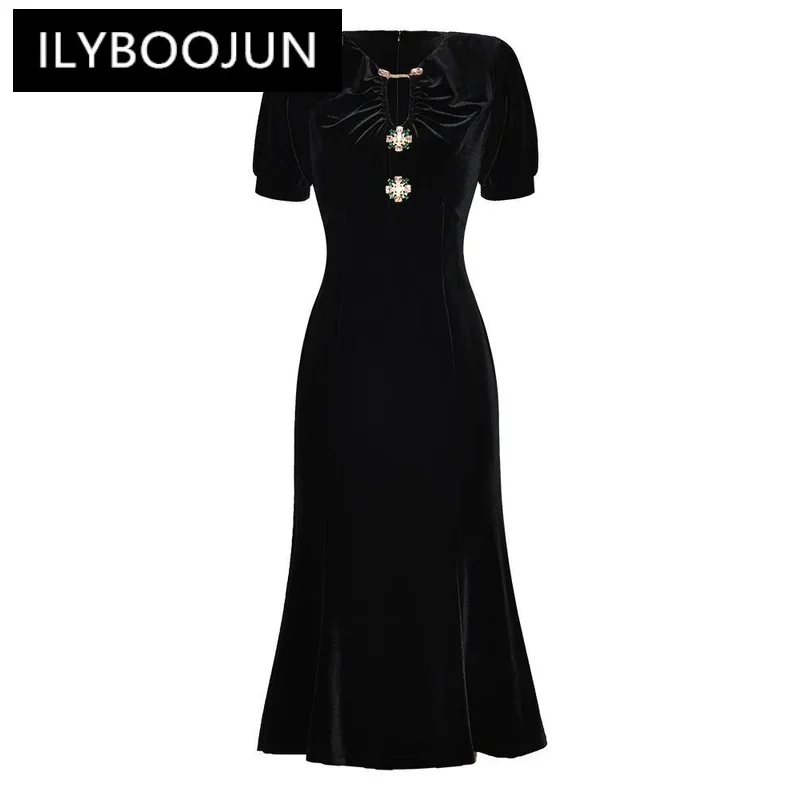 

ILYBOOJUN Summer Fashion Runway New Arrivals Dress Women V Neck 3D Diamond Beading Button Mermaid Elegant Party Midi Dress