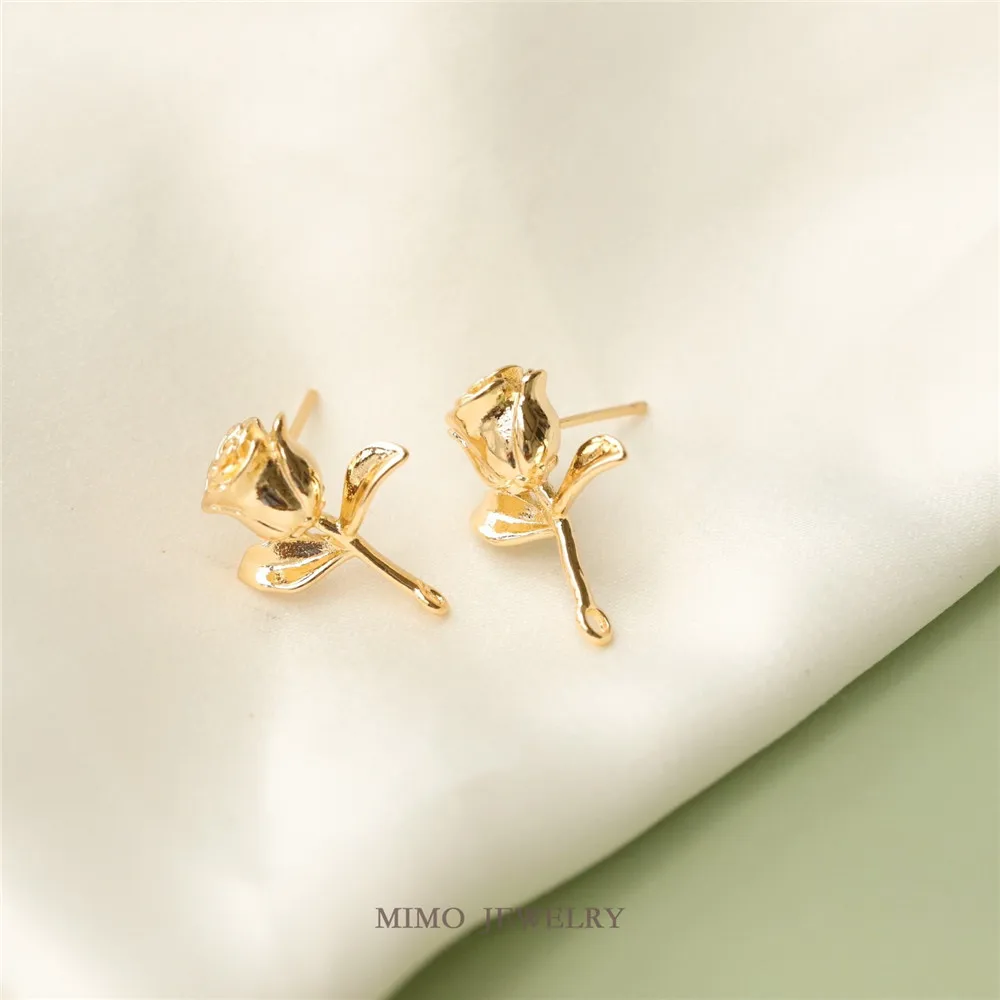 Copper-plated Real Gold Romantic Three-dimensional Rose 925 Silver Needle Stud Earrings DIY Handmade Charm Accessories