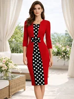 Vestido Elegante de Mujer con Lazo de Puntos, Manga 2/3, Largo hasta la Rodilla, Estilo Colorblock, para Oficina, Trabajo, Casual de Negocios, Fiesta, Ajustado