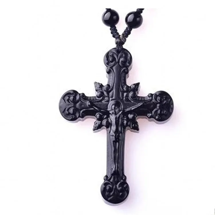 Natural obsidian pendant for men and women pendant Jesus cross Christian Jesus necklace manufacturers wholesale