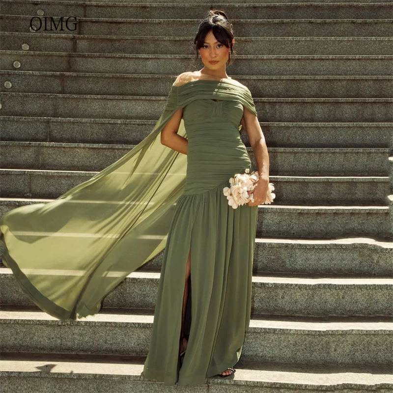 

OIMG Green Off The Shoulder A Line Prom Gowns Chiffon Cap Pleated Party Gown Floor Length Party-perfect Evening Dress Customized