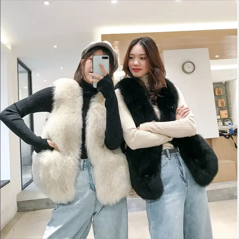 Winter Faux Fur Vest Women Korean Fashion High Quality Plush Waistcoat Ladies 2023 Elegant Sleeveless Faux Fox Fur Coat