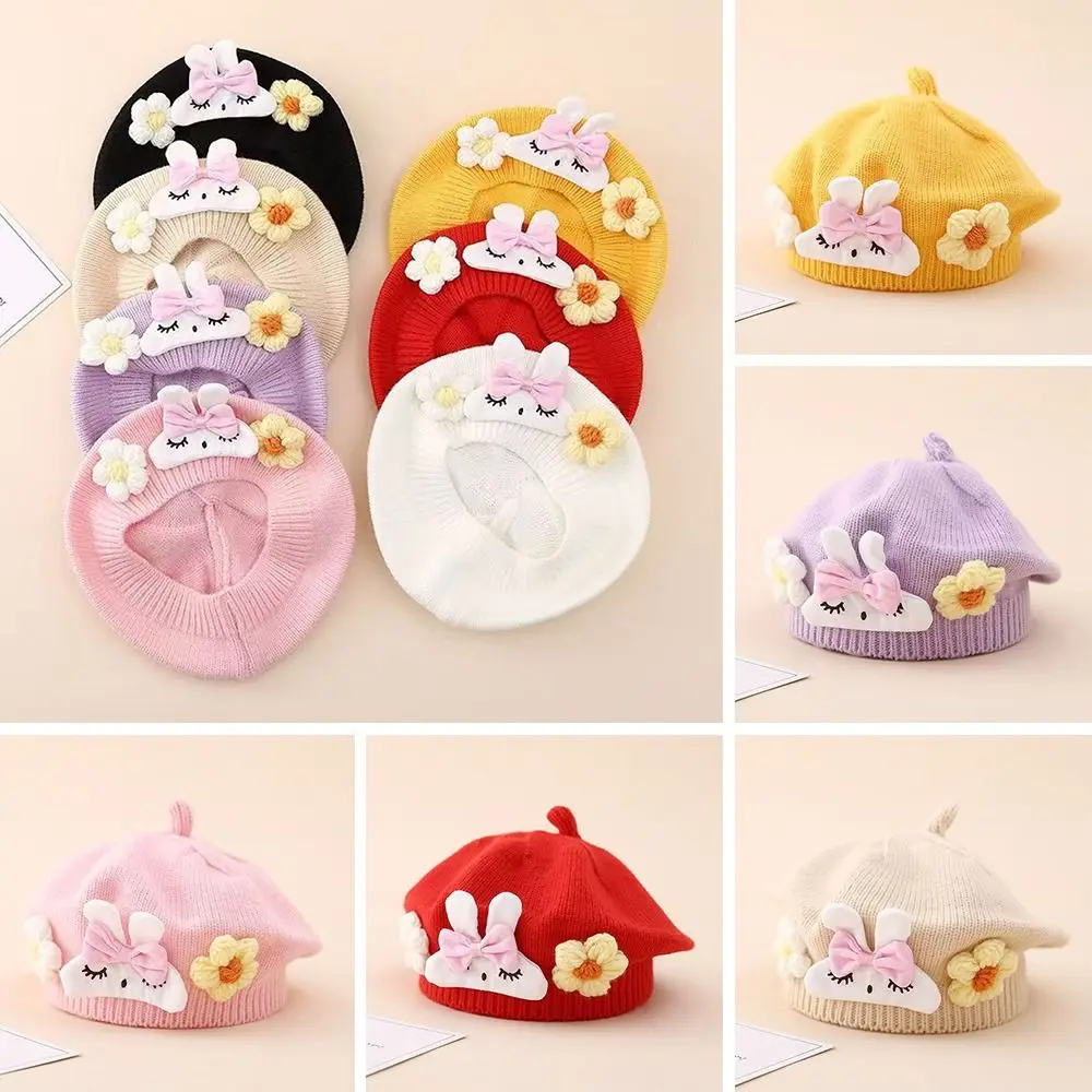 

Fashion Flower Baby Beret Hat Winter Warm Soft Knitted Hat Ear Protection Korean Artist Painter Caps Infant Girls
