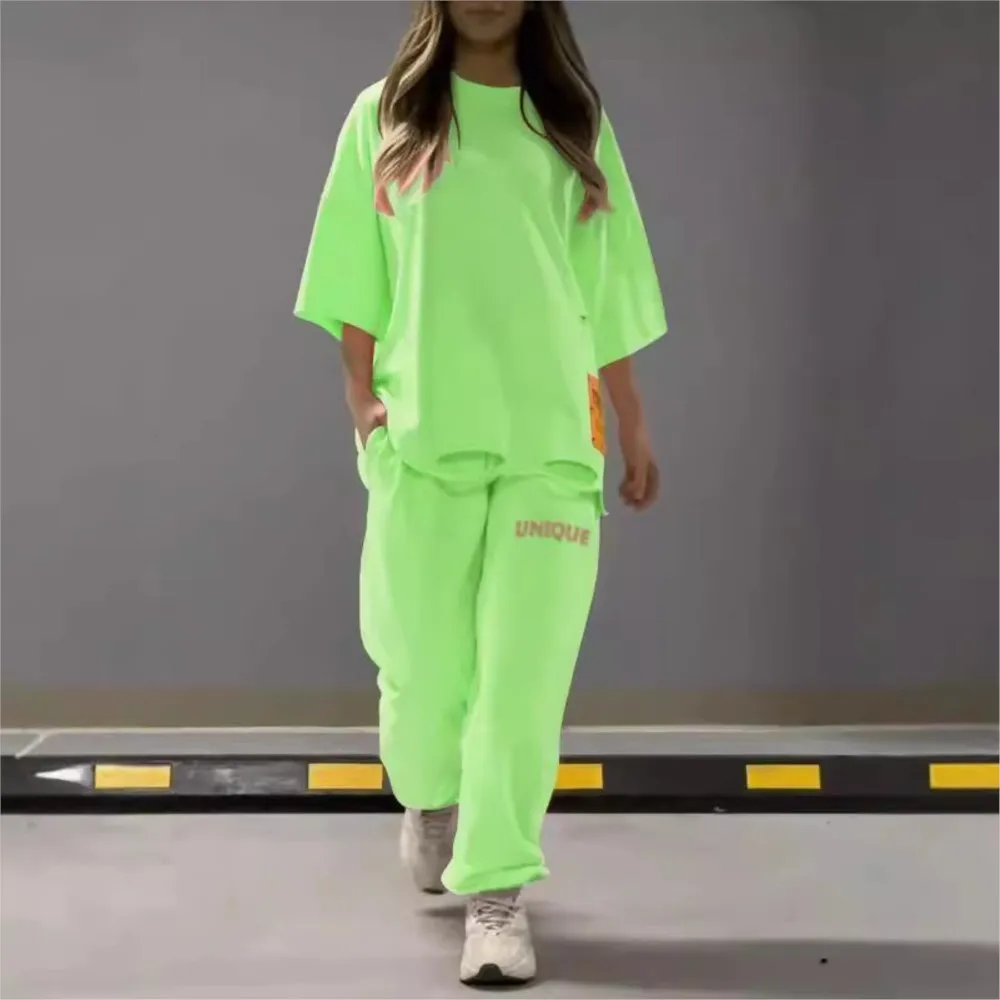 Summer New Fashion Hollowed Out O Neck T Shirt Women\'s 2 Piece Set Solid Color Casual Relaxed Tracksuit Pants Pocket Female Suit