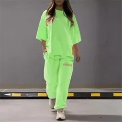 Summer New Fashion Hollowed Out O Neck T Shirt Women's 2 Piece Set Solid Color Casual Relaxed Tracksuit Pants Pocket Female Suit