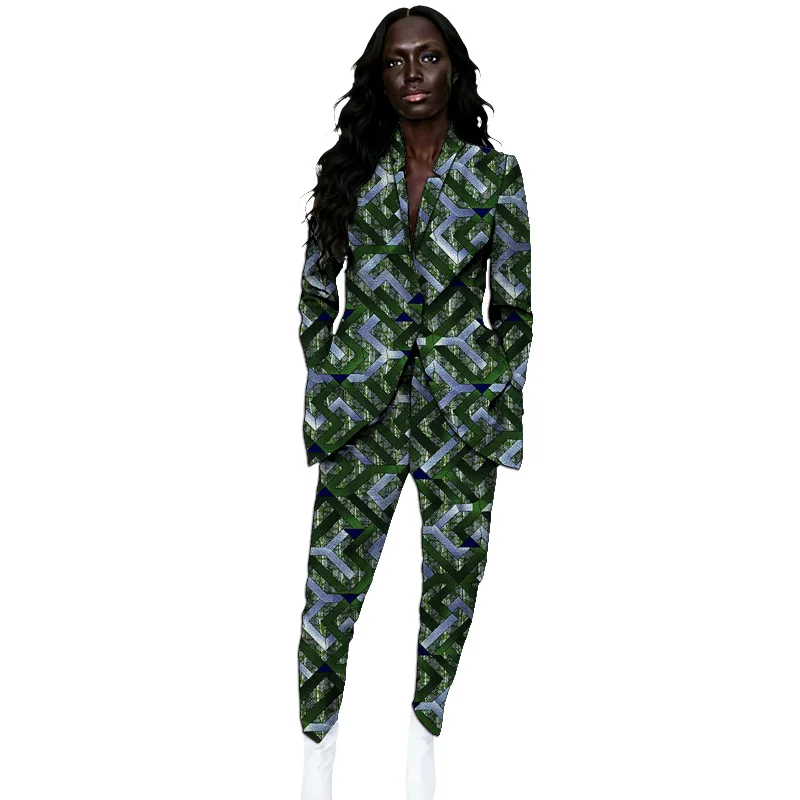 

Original Design Print African Couture Women's Suit Set Stand Collar Blazer Patch Straight Pant Party Wear